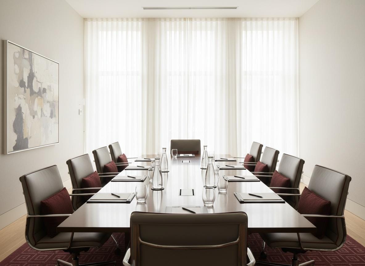 Salle de réunion du cabinet, longue table en bois et lumière naturelle
